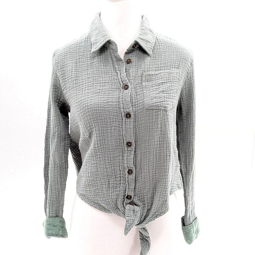 Hem & Thread 100% Cotton Green Crinkle Button Up Collared Blouse Size Small